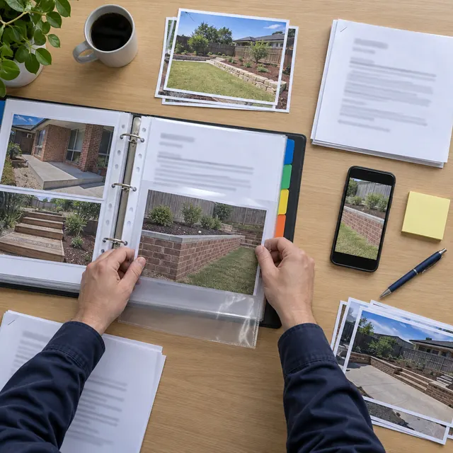 Hands placing photos of completed landscaping jobs into an evidence portfolio, with documents and a phone nearby