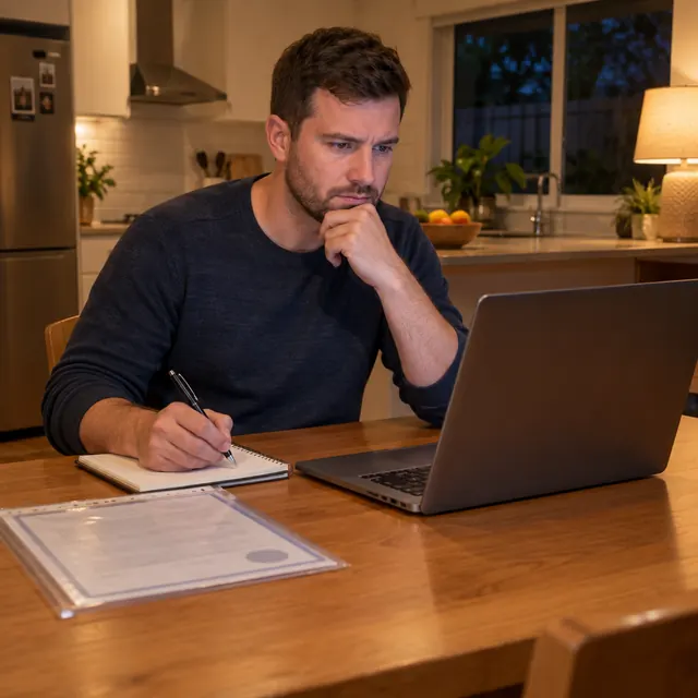 A man at his kitchen table comparing study options on a laptop, with a previous certificate beside him