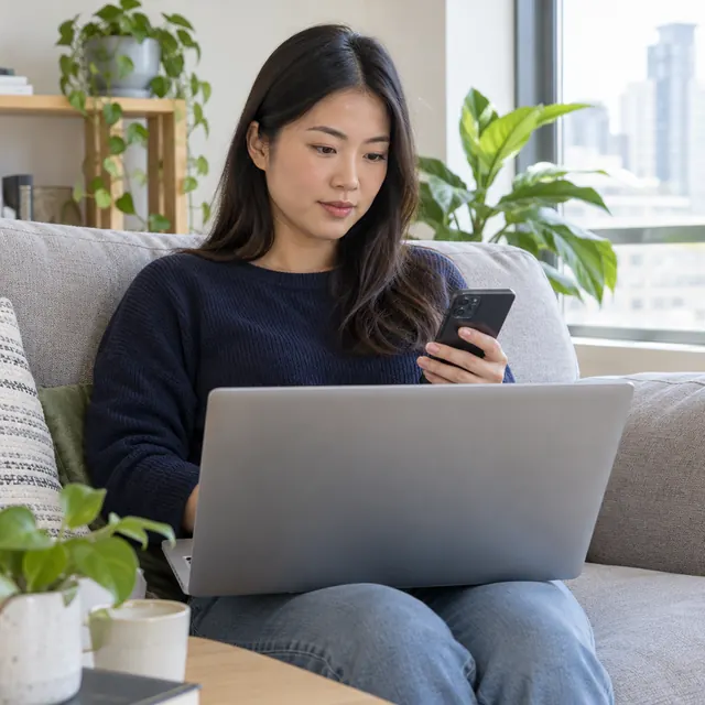 A woman on her couch researching training providers on a laptop and phone