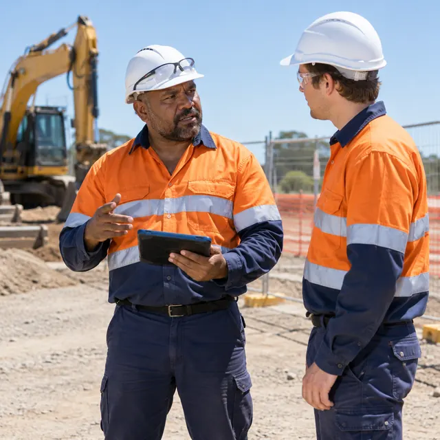 A civil construction supervisor with a tablet talking with a worker on site