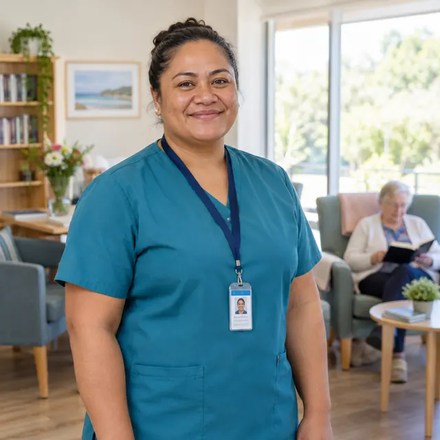 An experienced aged care worker standing in a residential care lounge